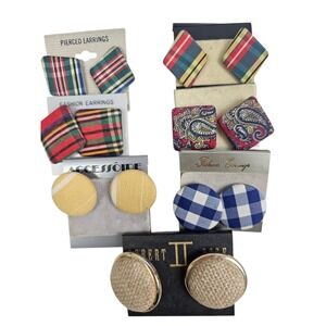 Vintage Fabric Button Earrings Lot 7 Pairs Plaid Gingham Paisley Robert Rose